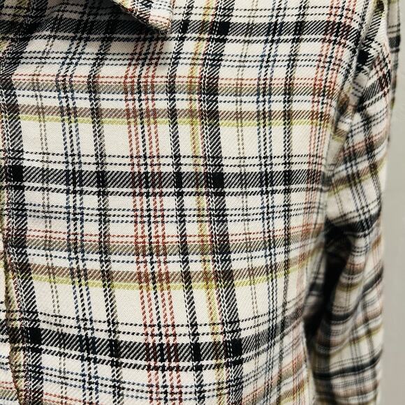 LOFT Women’s XS Cream Olive Green Plaid Flannel Pocket Tunic Shirt - Picture 2 of 6